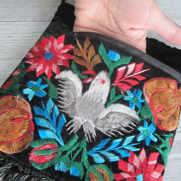 Black Velvet with Embroidery Small Shoulder Bag with Black Fringe - Picture 3 of 5